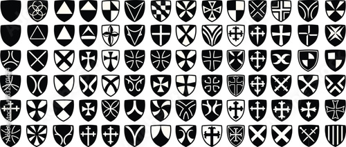 Massive Collection of Heraldic Shields with Crosses and Medieval Emblems, Ideal for Knight Symbols, Coat of Arms, History, and Royal Vector Graphics.