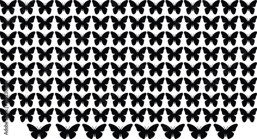 Massive Swarm of Black Silhouette Butterflies in Flight with Subtle Wing Variations, Ideal for Nature, Freedom, Ecology, and Decorative Vector Graphics.