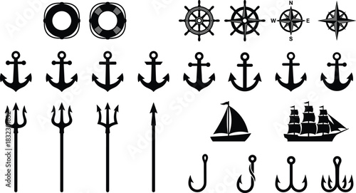 Mega Collection of Black and Gray Nautical Icons: Ship Wheels, Compasses, Anchors, and Tridents, Ideal for Maritime Adventure, Ocean, and Sea Vector Graphics.