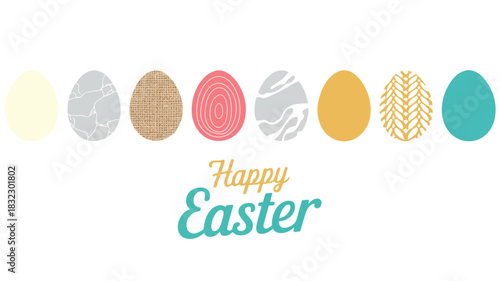Happy easter greeting with a row of decorative and patterned eggs on a white background