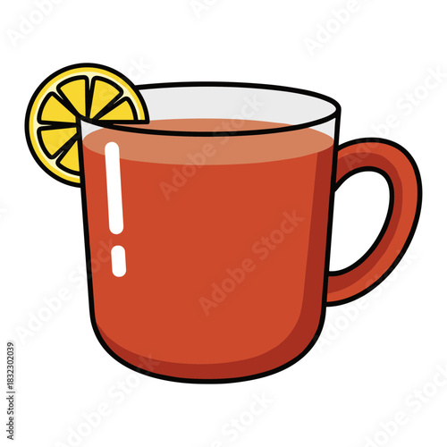 Vector Illustration of Warm Spiced Tea or Mulled Drink in a Mug Garnished with a Lemon Slice, Cozy Christmas Winter Beverage