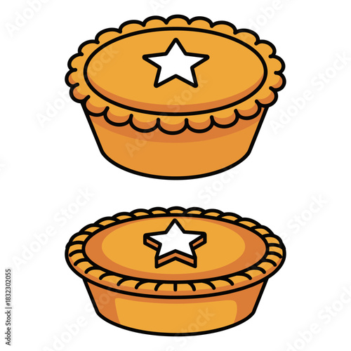Vector Illustration Set of Traditional Mince Pie with Star Top, Classic Christmas Holiday Dessert and Pastry