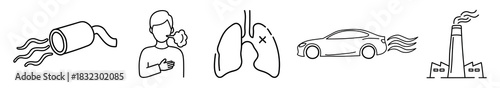 Air pollution and its impact on human health line art icons in a minimalist black and white design