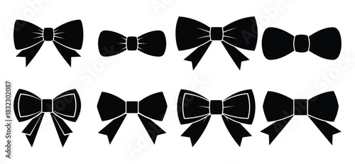 Set of eight black bow tie and gift ribbon silhouettes