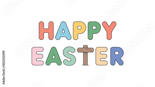Happy easter text with colorful letters and a wooden cross symbol on a white background