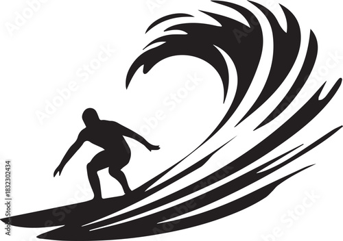 High-Detail Ocean Wave and Surfing Silhouette Graphic