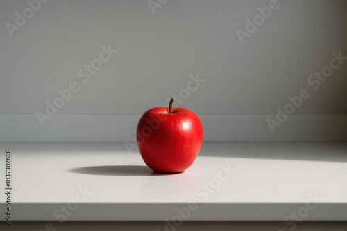 Single Red Apple On White Minimalist Countertop