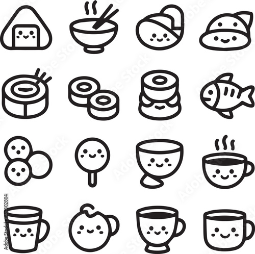 Top-Ranked Asian Cuisine and Hot Drink Symbol Set for Restaurants