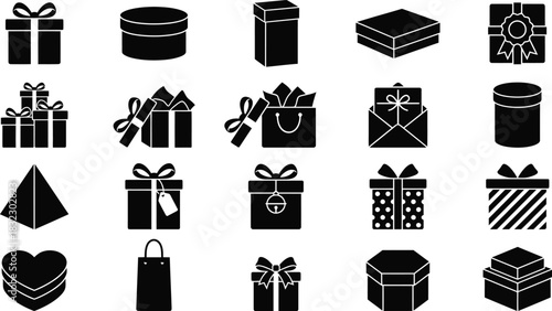 Birthday present and gift box silhouette icon set. Holiday surprise packaging symbols including ribbon bows, wrapped packages, and shopping bags vector collection.