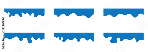 Blue separator header vector set. Section divider shapes for website or web page. Modern bottom or top border, wave headline design elements. Footers with curve lines, drops, drips on white background