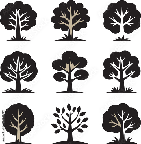 Stylized Woods Silhouettes Vector Pack - Sapling, Oak, and Pine Tree Illustrations