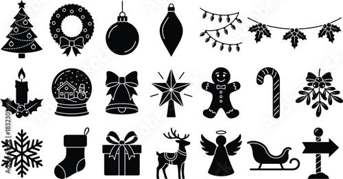 Christmas festival characters and winter season decoration glyph icons. Holiday symbols including Santa, elf, reindeer, and xmas gift vector kit.