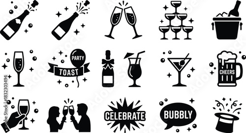 Alcoholic drinks and nightlife party celebration symbols. Event icons including champagne toast, cocktail glass, beer mug, and fireworks vector collection.