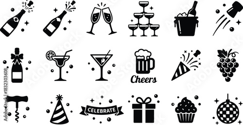 New Year celebration and party icon set. Festive event symbols including champagne bottle, toasting glasses, fireworks, party popper, and disco ball vector collection.