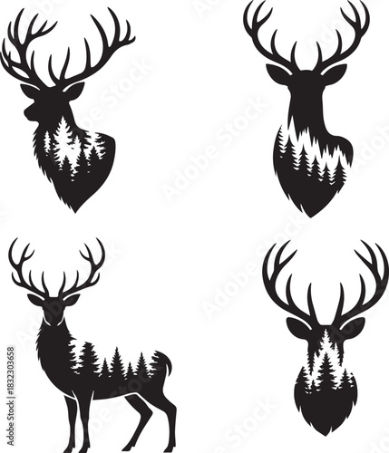 Deer Silhouette Forest Double Exposure Vector Illustration