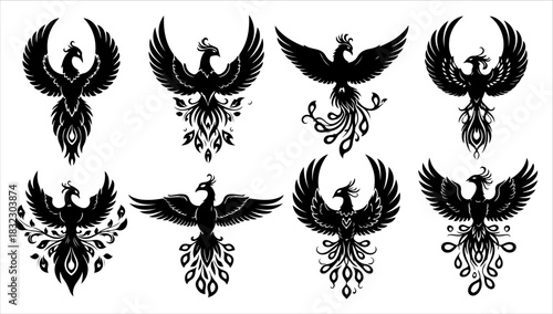 Collection of stylized black phoenix silhouettes in various poses