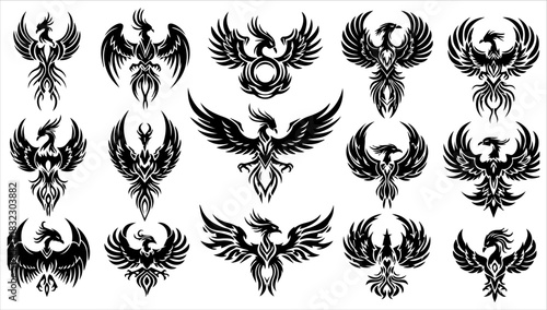 Phoenix bird tribal tattoo design set, stylized mythical creature illustration