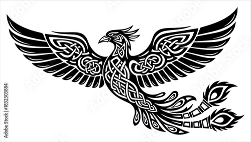 Stylized celtic phoenix bird with intricate knotwork design