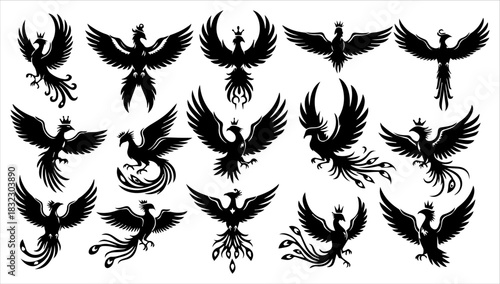 Collection of majestic black phoenix silhouettes in flight on white background