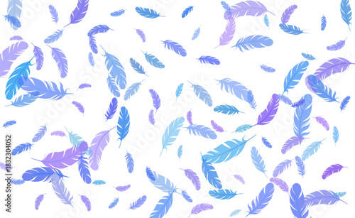 Lightweight blue and purple bird feathers scattered and floating in air against white background. Airy soft gentle decorative element or pattern. Vector feathers