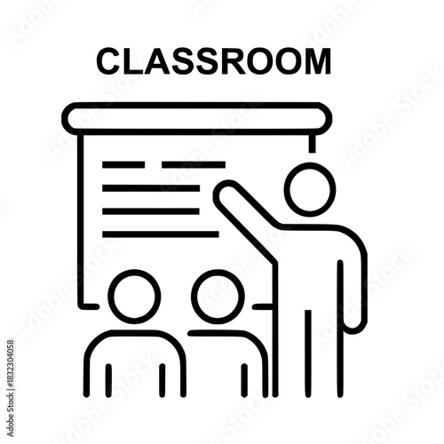 Classroom teaching icon with a teacher presenting to students
