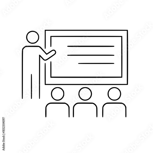 Black line icon illustration of a training seminar with three people
