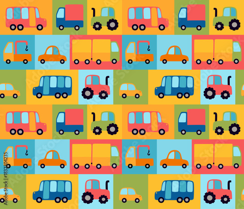 Bright seamless pattern with cars, trucks, buses and tractors. Colorful design for kids