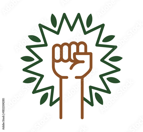 A raised fist symbol represents the power and strength of environmental activism and nature's resilience.