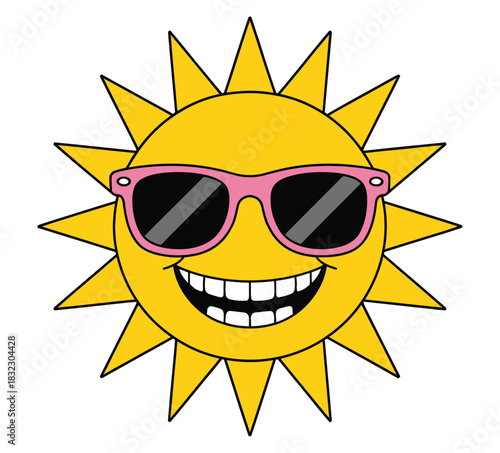 A cheerful sun wearing sunglasses is smiling broadly.