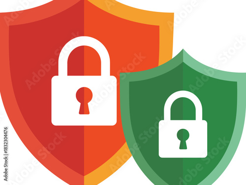 Digital security and data protection concepts are represented by shields and padlocks.
