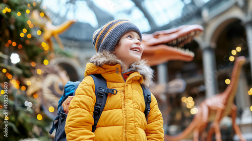 Happy little boy in warm winter jacket and beanie gazing with awe at impressive dinosaur displays amidst twinkling Christmas decorations in grand museum hall