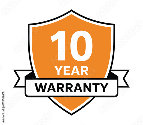 A shield emblem displaying '10 YEAR WARRANTY' in bold lettering signifies product assurance.
