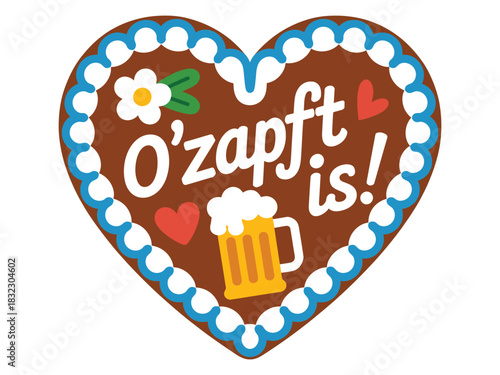 Heart-shaped gingerbread cookie with "O'zapft is!" text and beer mug