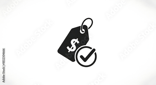 Price tag with dollar sign and check mark in circle on a white background in a minimal style ai generated
