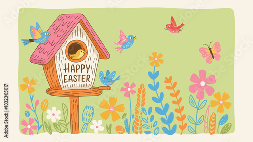 Charming illustration of a happy easter scene with birds flowers and a birdhouse