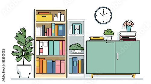 Elegant Bookcase with Clock and Plant Decoration for Interior Design Inspiration