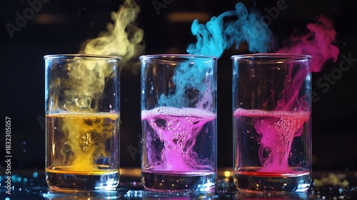 Colorful liquid art: vibrant dye mixing in water glasses on black background