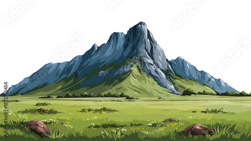 Cartoon Mountain with Blue Sky and Green Grass Illustration