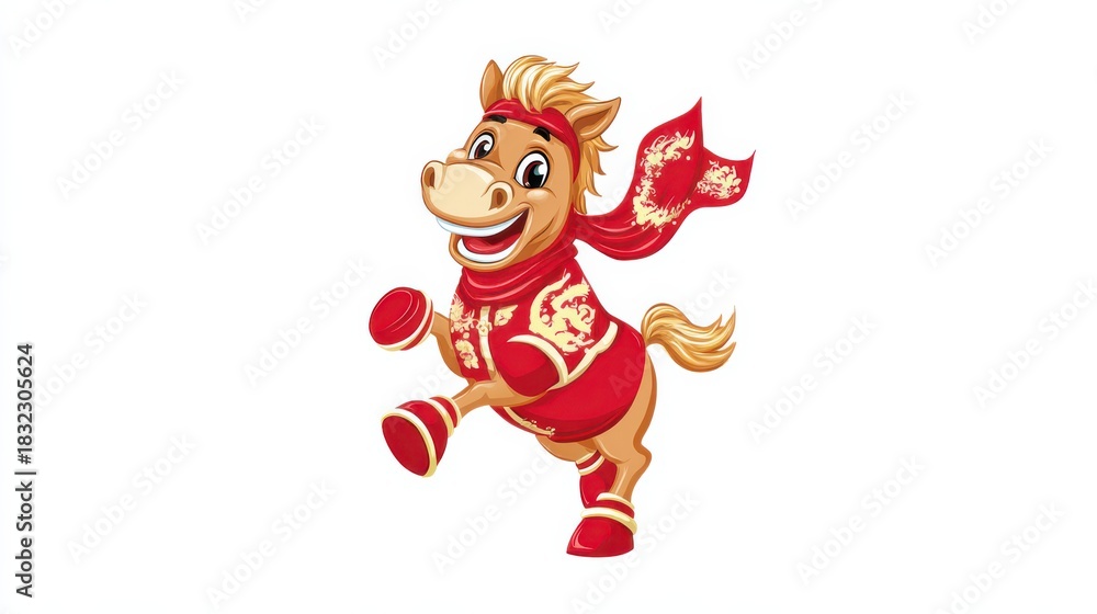 Fototapeta premium Cheerful cartoon horse celebrating chinese new year