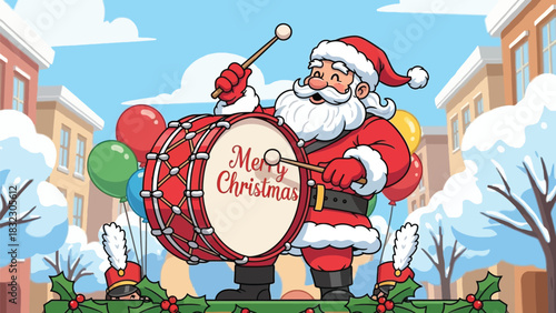 Festive Santa Claus drumming Merry Christmas cheer in a snowy town with bright balloons, perfect for holiday greetings and seasonal joy