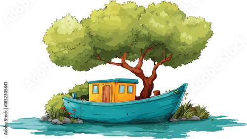 Detailed Cartoon Illustration of Boat with Tree on Side