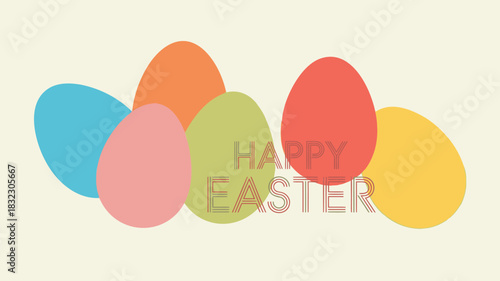 Colorful easter eggs arranged in a festive cluster with happy easter text overlay