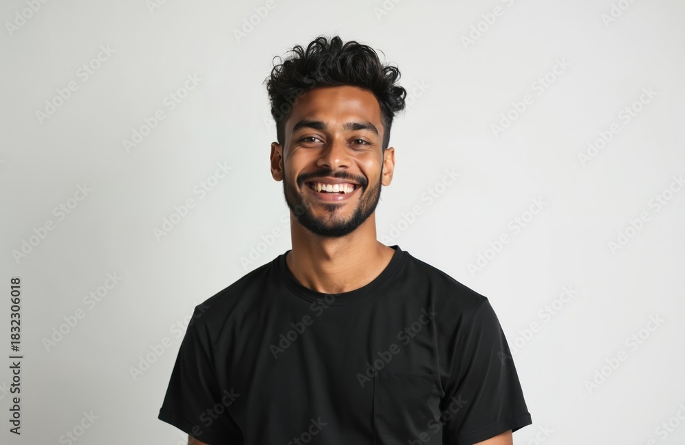 Obraz premium Young Hindu man with curly hair and beard smiles widely. He wears a black casual t-shirt, stands alone in a studio with a light grey background. Positive emotion shown directly to camera.