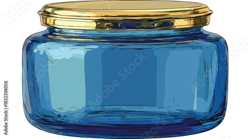 Elegant Blue Glass Jar with Gold Band: Stunning Illustration for Design Projects
