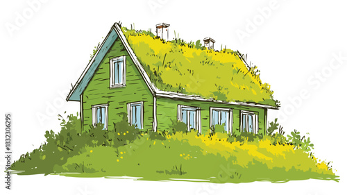 Green House with Green Roof Vector Drawing for Architecture Designs