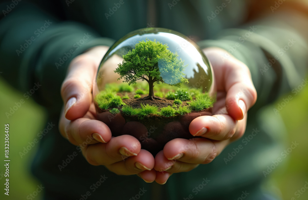 Fototapeta premium Person holds a glass sphere containing tiny tree growing in soil. Illustration symbolizes eco conscious lifestyle nature conservation and environmental protection. Concept for sustainable growth