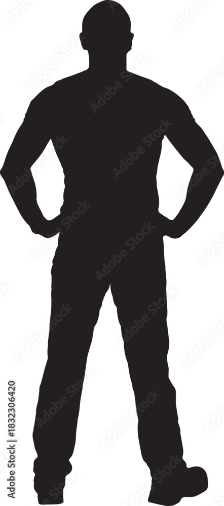 Obraz premium vector, silhouette of back view of a man standing amrs akimbo and looking up