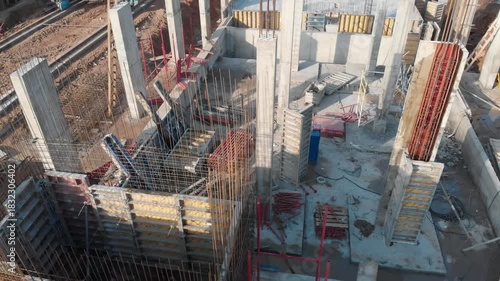 Construction site. A span over a building under construction. aerial view.