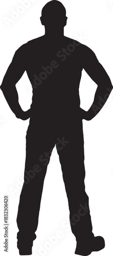 vector, silhouette of back view of a man standing amrs akimbo and looking up