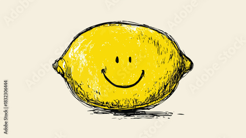 Cheerful Lemon with Smiley Face Drawing Vector Illustration